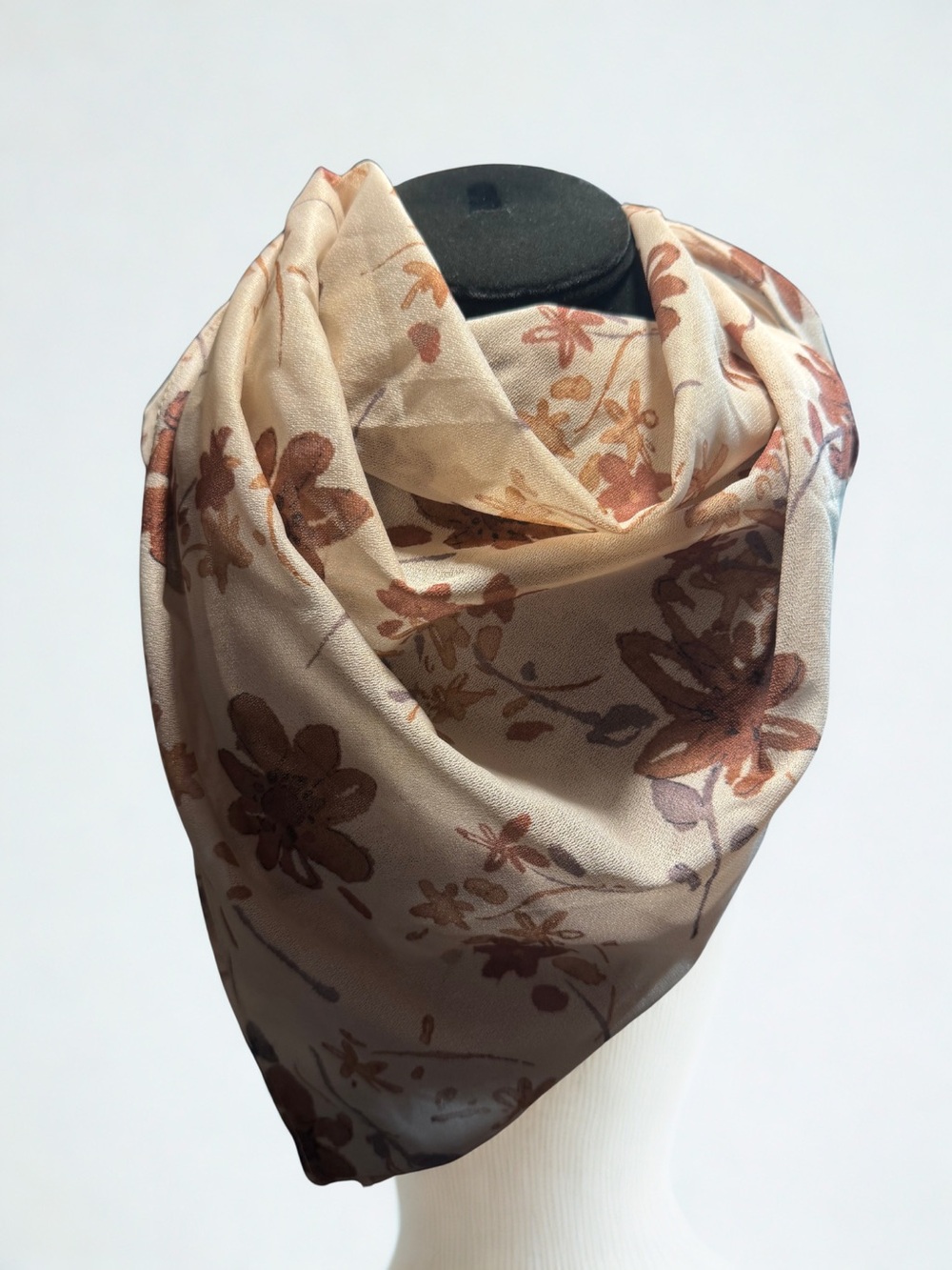 Cream Floral Silk-Feel Scarf with Brown Accents